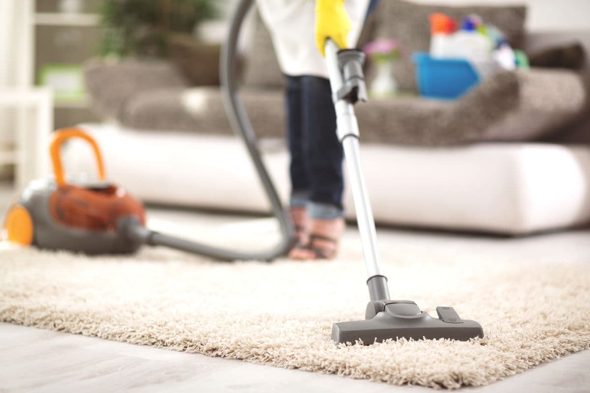 Person vacuuming a light carpet in a bright living room, with a canister vacuum in the background.
