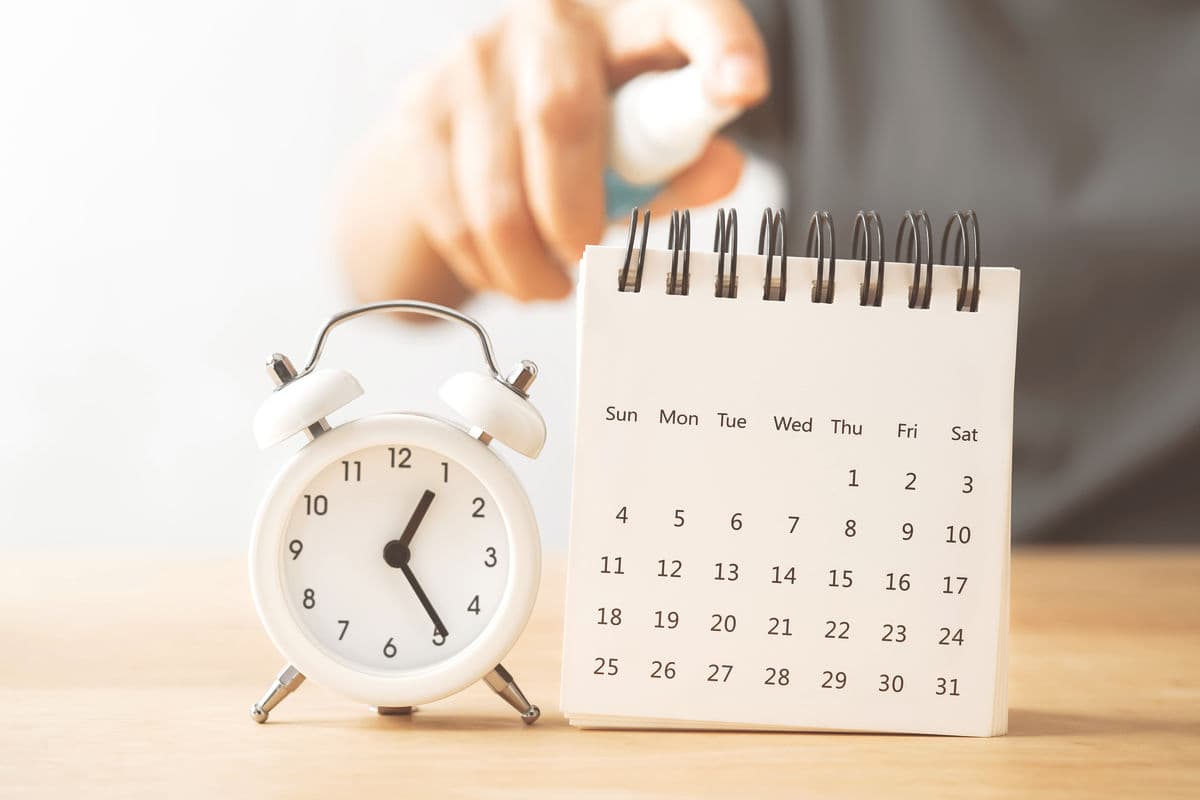 Alarm clock and desk calendar, cleaning routines and weekly cleaning schedule planner.