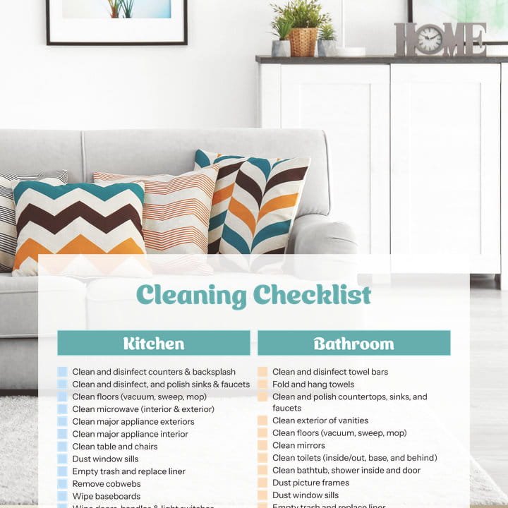 Printable cleaning checklist PDF with room-by-room tasks for kitchen, living room, home office, and bathroom.