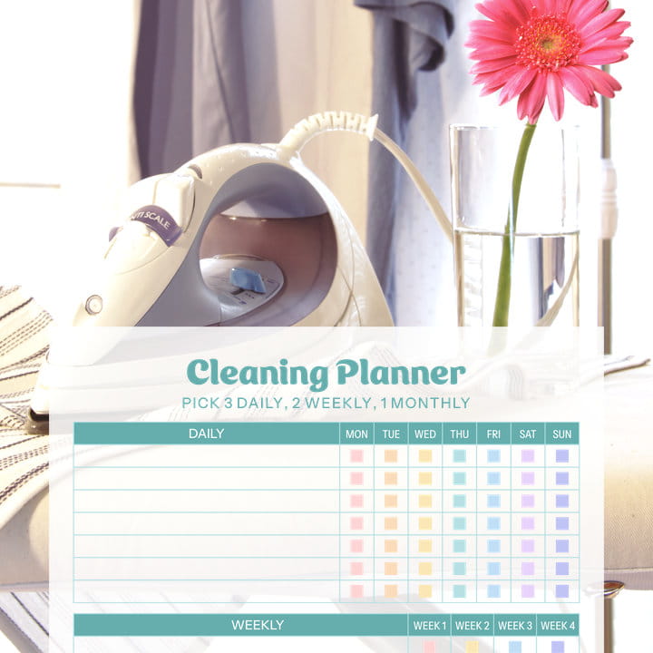 Printable cleaning planner PDF with daily tracker and weekly blocks: pick 3 daily, 2 weekly, 1 monthly.