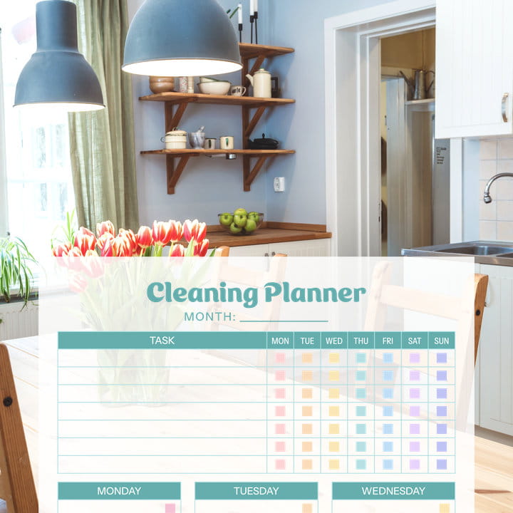 Printable monthly cleaning planner PDF with task list and day-by-day habit tracker.