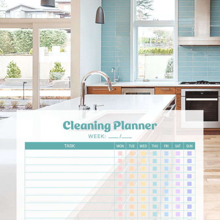 Printable weekly cleaning planner PDF with task list and checkboxes for each day of the week.